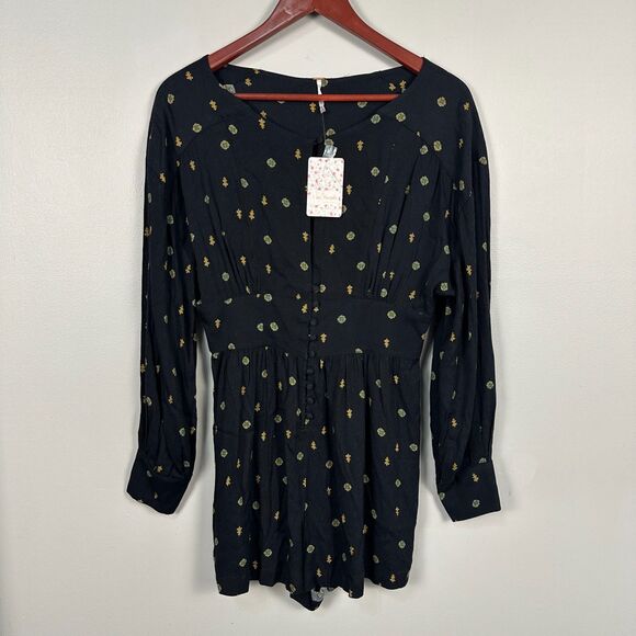 NWT Free People Love Grows Front Button Long Sleeve Black Romper Small - Picture 1 of 4